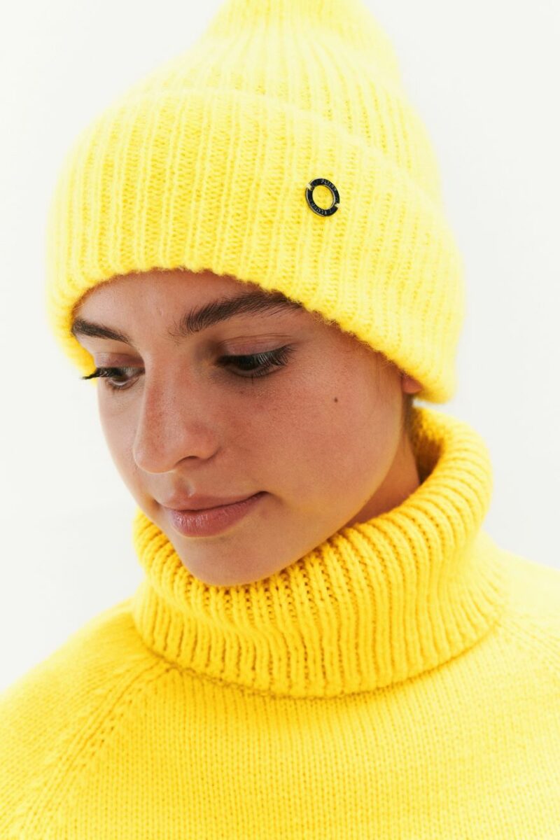 women winter mohair and alpaca soft beanie in lemon yellow