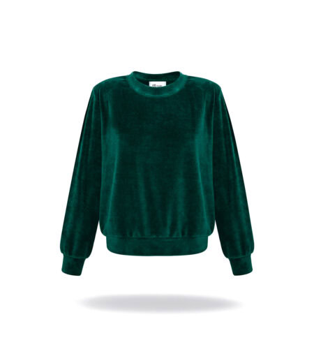 Sweatshirt with round collatr, velvet material. Soft, loose fit.
