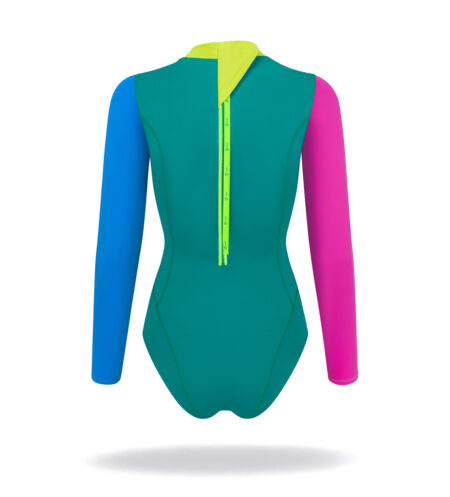 Colorful sun-protection swimsuit for women with zipper on the back. Easy access with a string, Long sleeves. Very comfortable elastic material.