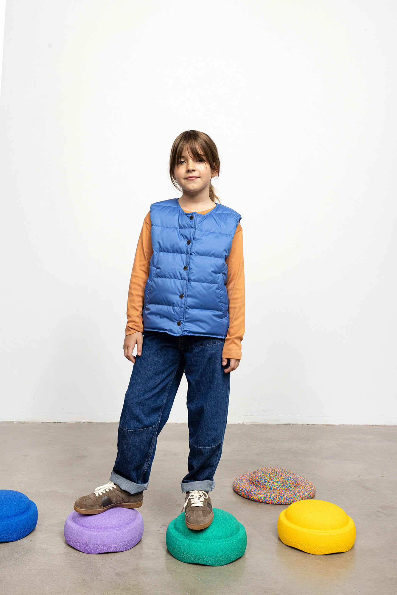cobalt blue lightweight down vest with studs for kids, front