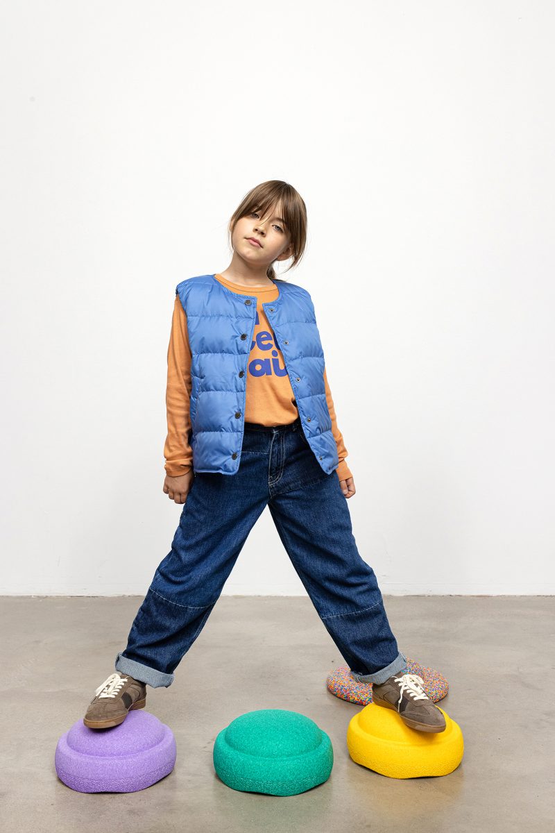 cobalt blue lightweight down vest with studs for kids, unzipped