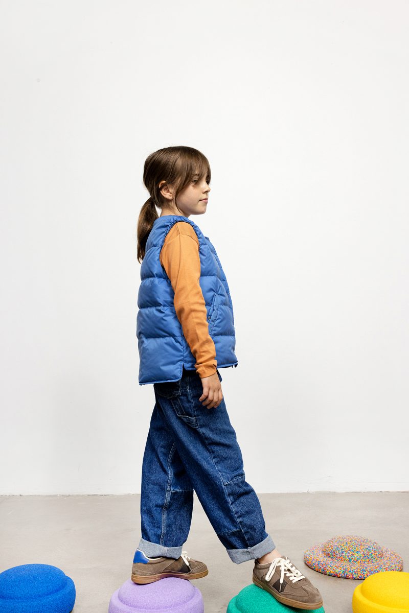 cobalt blue lightweight down vest with studs for kids, side