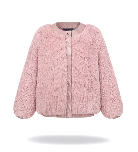 Jacket made with tassels; snap fastening, slightly overiszed cut. Light pink jacket with natural down insulation.