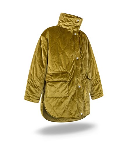 Velvet jacket with natural down insulation. Zipper and studs, two front pockets. High collar. Glossy finish. 