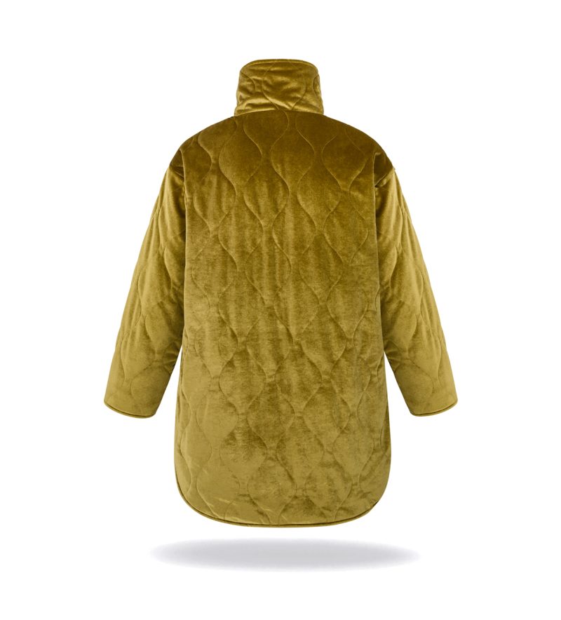 Velvet jacket with natural down insulation. Zipper and studs, two front pockets. High collar. Glossy finish.