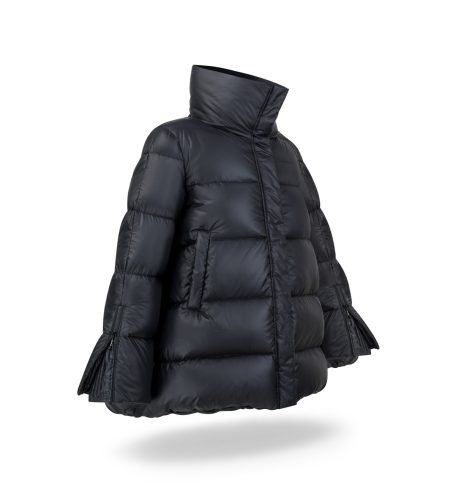 A-line black puffer jacket with natural down insulation. Down jacket with high collar, convenient pockets and zips on the sleeves.