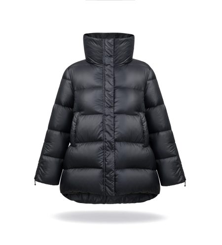 A-line black puffer jacket with natural down insulation. Down jacket with high collar, convenient pockets and zips on the sleeves.