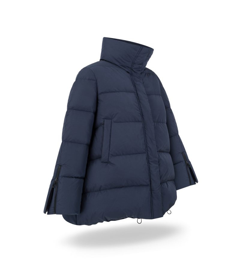 A-line jacket with natural down insulation. Down jacket with high collar, convenient pockets and zips on the sleeves.