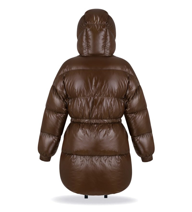Quilted woman oversized jacket with string at the waist. Zipper and hood, thigh length.