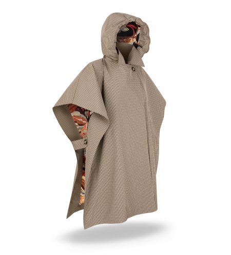 Waterproof poncho rain jacket for women. Checkered brown pattern, hood and adjustable waist.