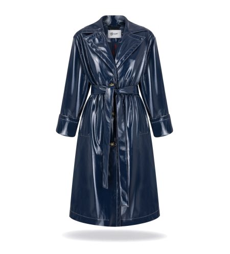 Eco-leather coat with belt and shiny finish. It has detachable down lining. A-line, wide cuffs.