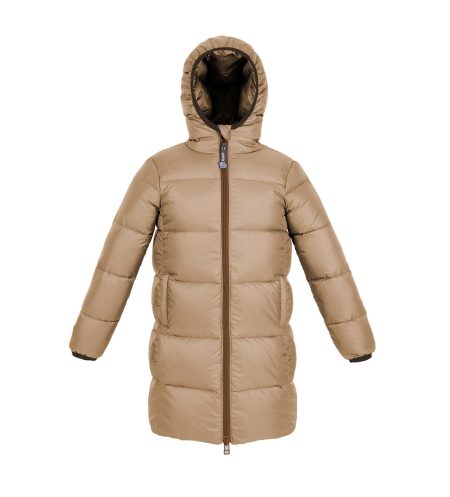 Kid's unisex winter down coat Latte with hood, front photo, big puffer version