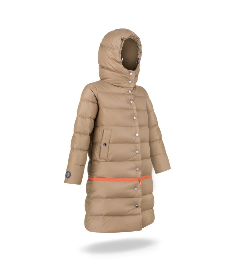 Winter down coat 2in1 with detachable lower panel, with orange zipper and hood
