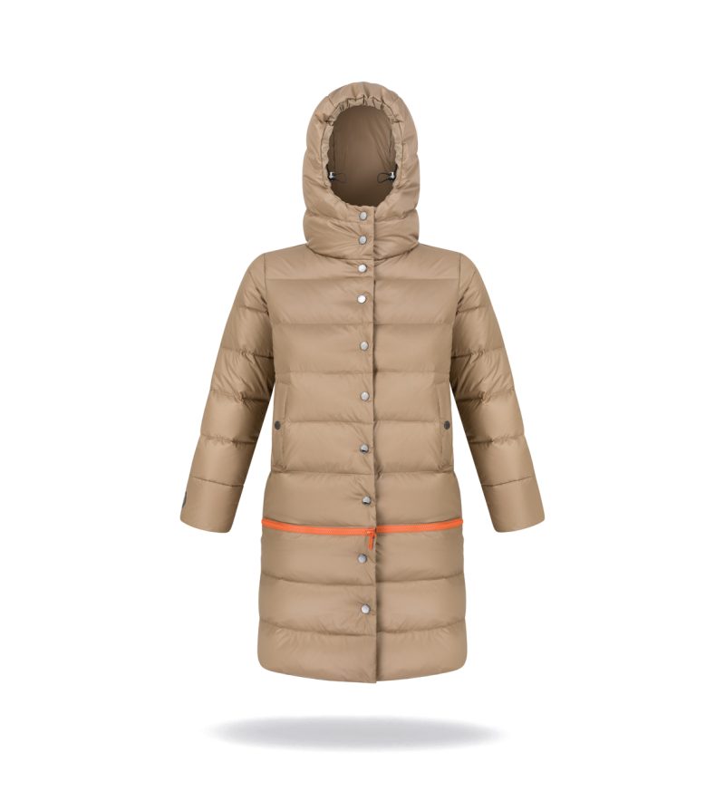 Winter down coat 2in1 with detachable lower panel, with orange zipper and hood