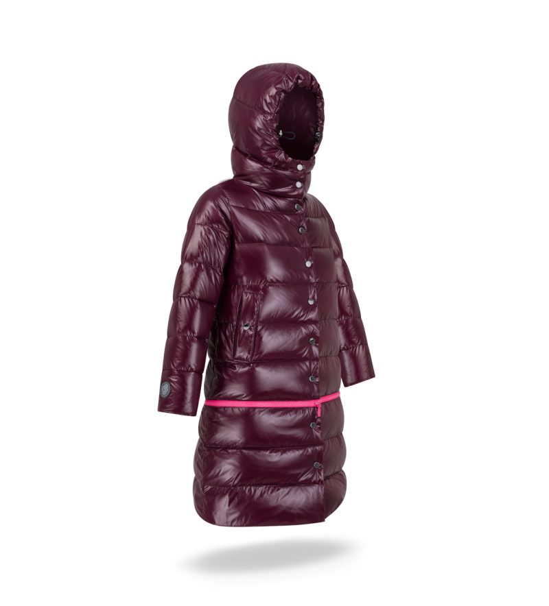 Winter down coat 2in1 with detachable lower panel, with pink zipper and hood