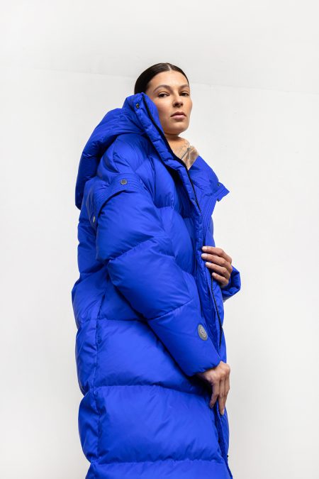 2in1 down winter coat with detachable sleeves and hood, deep blue cobalt colour