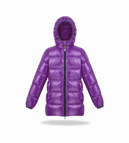 Kid's unisex winter down jacket purple colour, with hood, wide quilting