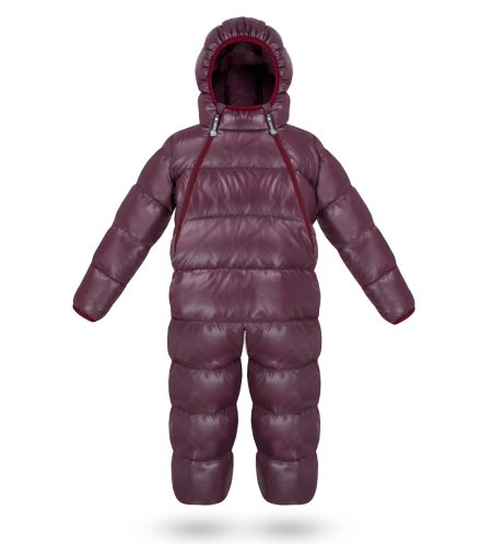 Kid's unisex winter down overalls, burgundy colour, with hood, wide quilting