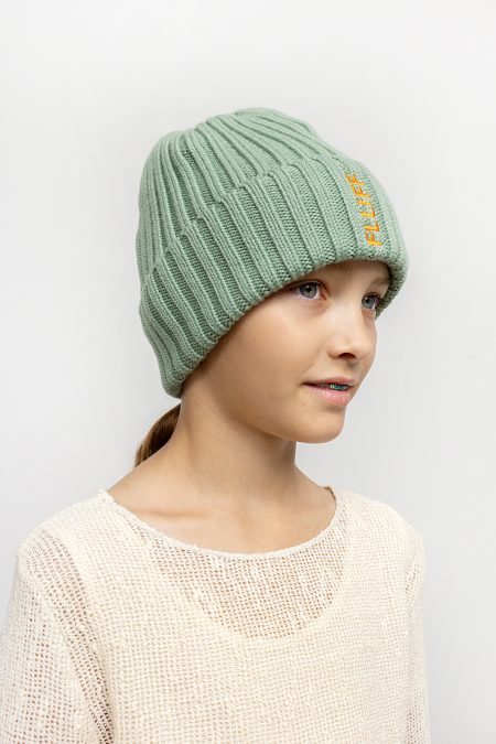 Merino wool beanie in green colour, with embroidered Fluff logo on the side