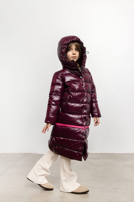 Dzięciecy płaszcz puchowy Two lengths coat, 2w1, bordowy z różowym zamkniem