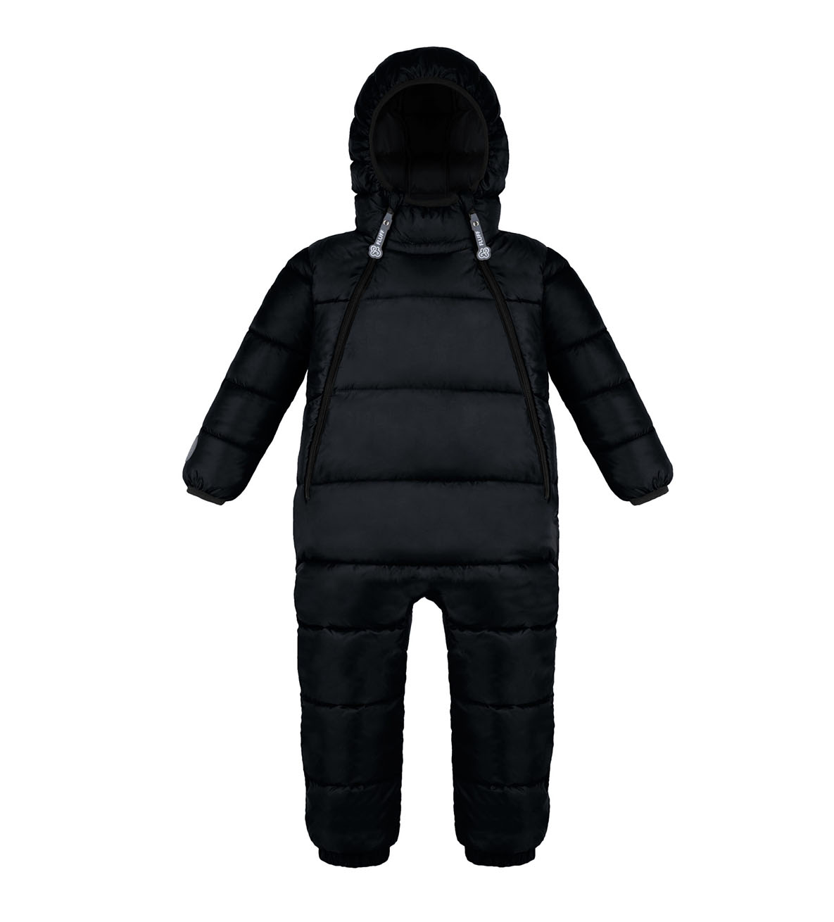product photo of black down snowsuit for kids - front