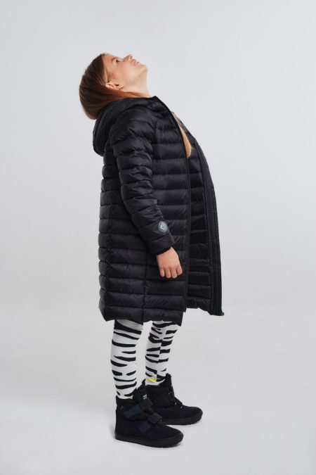 Kid's unisex winter down coat, black colour, with hood, narrow quilting