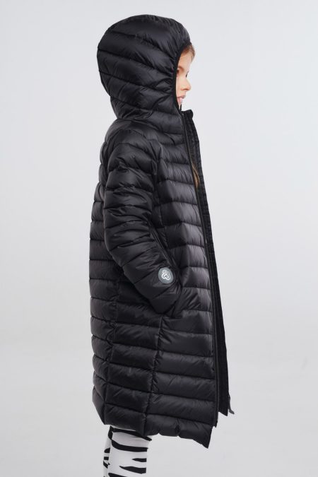 Kid's unisex winter down coat, black colour, with hood, narrow quilting