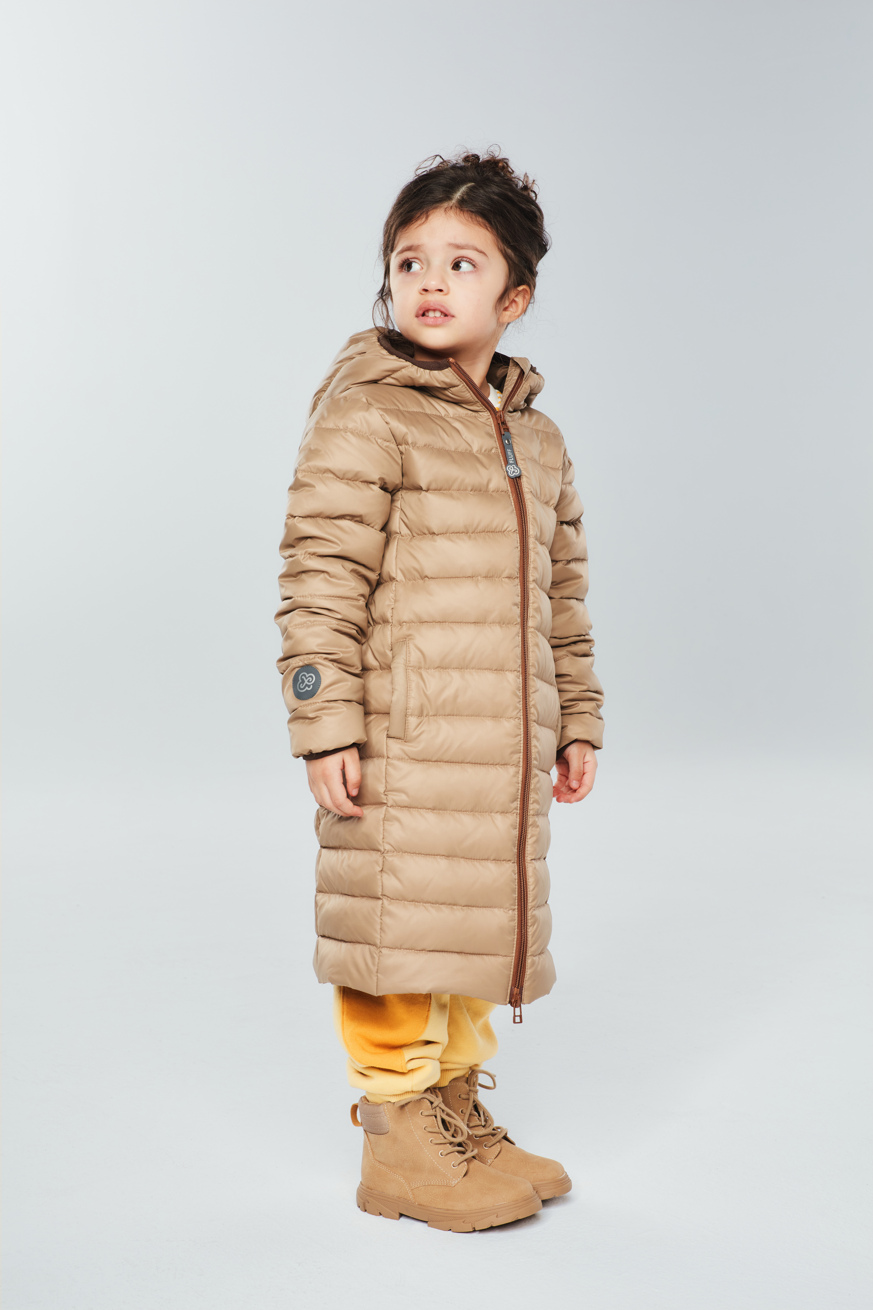 Kid's unisex winter down coat, beige colour, with hood, narrow quilting