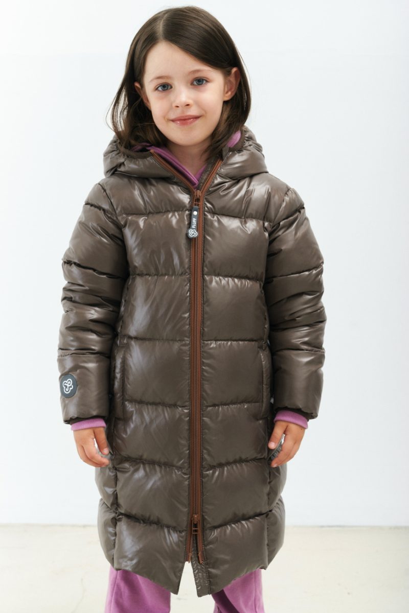 Kid's unisex winter down coat Marron Glace (ash brown colour) with hood, wide quilting
