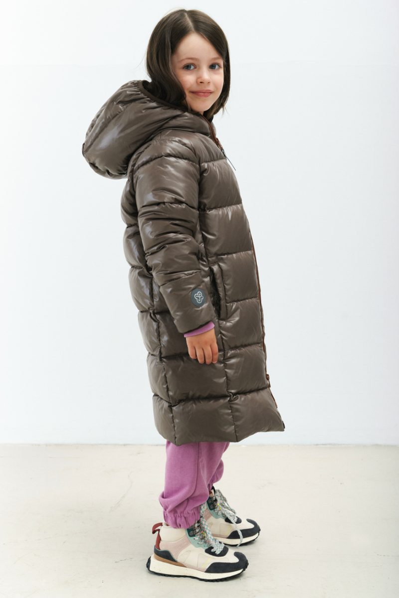 Kid's unisex winter down coat Marron Glace (ash brown colour) with hood, wide quilting