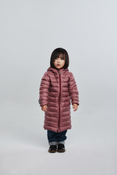 Kid's unisex winter down coat, pink colour, with hood, narrow quilting