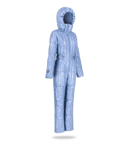 winter women snowsuit in light blue colour with hood and waistband