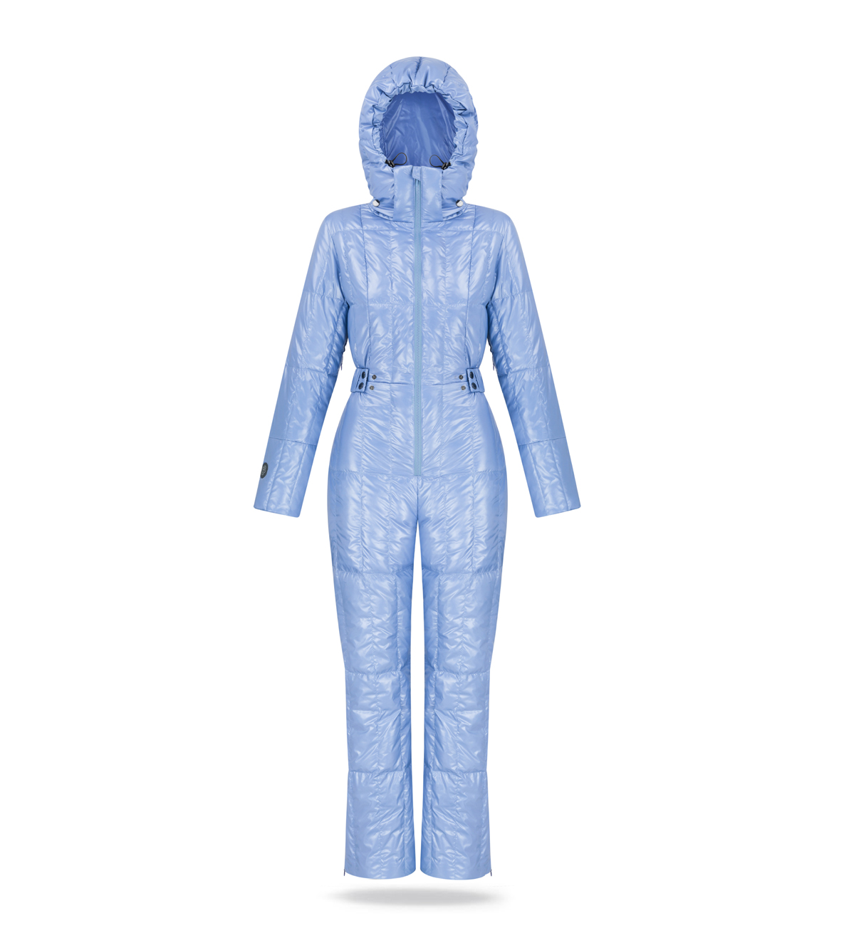 winter women snowsuit in light blue colour with hood and waistband