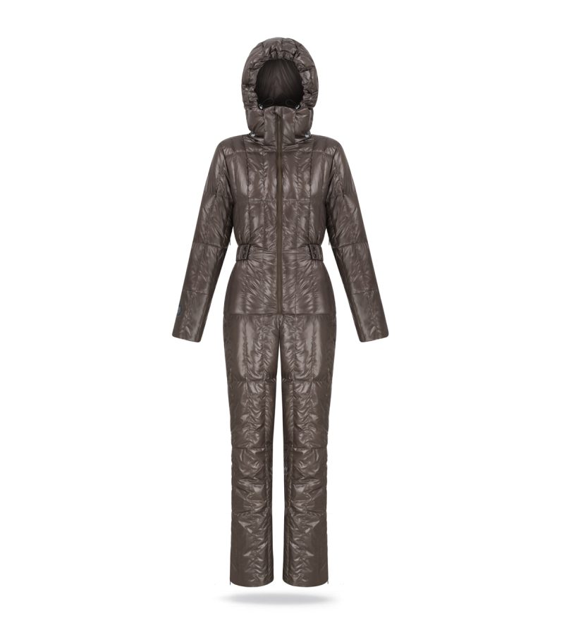 winter women snowsuit in ash brown colour with hood and waistband