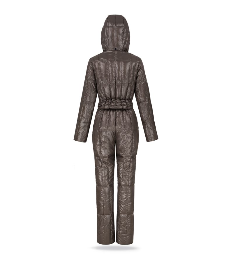 winter women snowsuit in ash brown colour with hood and waistband