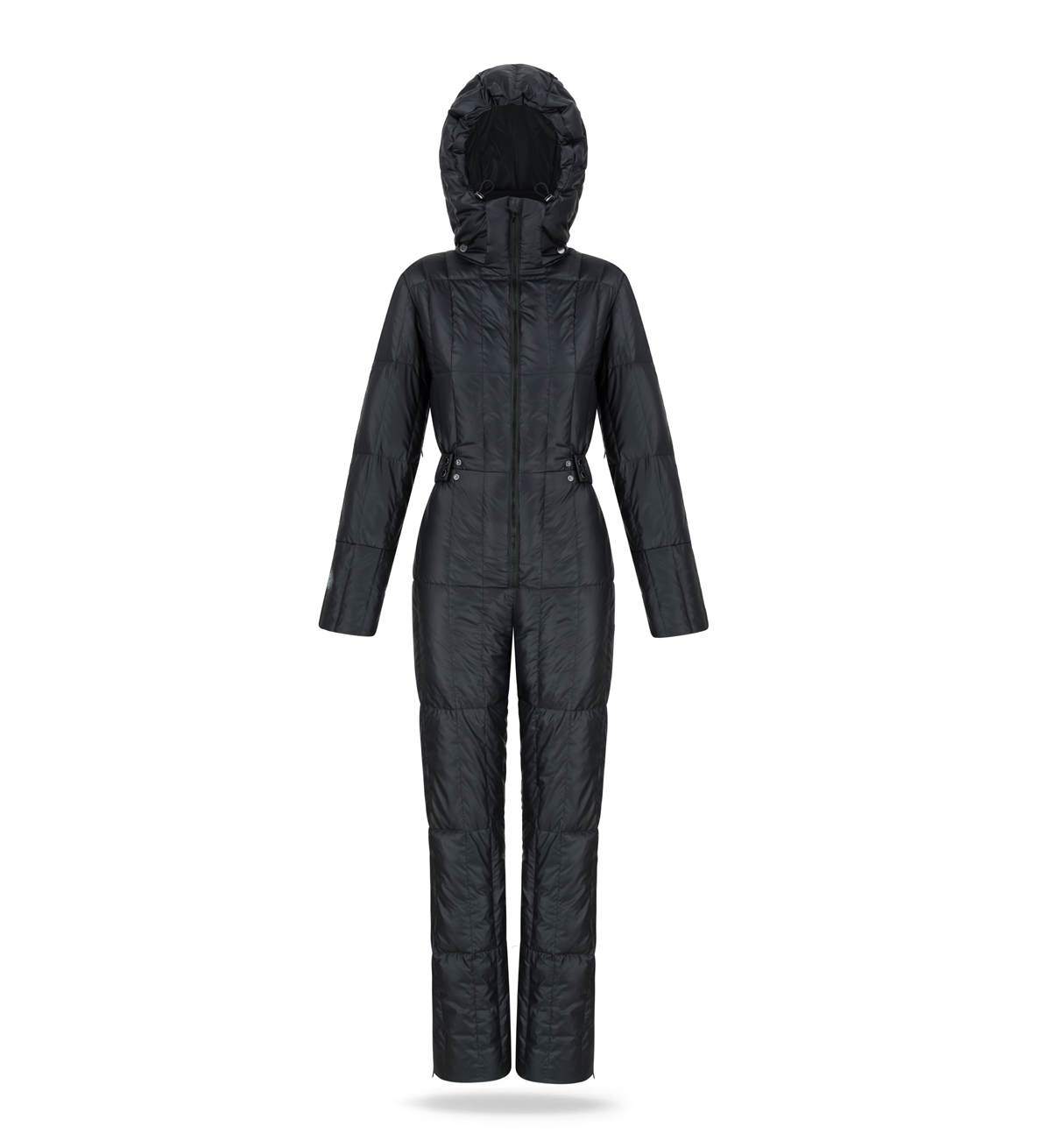 winter women snowsuit in black colour with hood and waistband