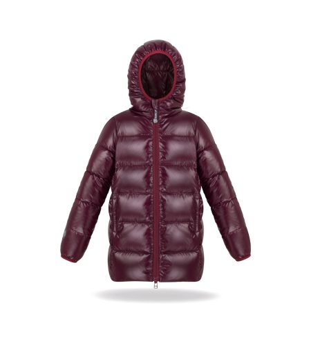 Kid's unisex winter down jacket burgundy colour, with hood, wide quilting
