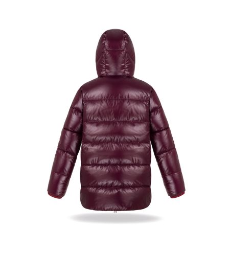 Kid's unisex winter down jacket burgundy colour, with hood, wide quilting