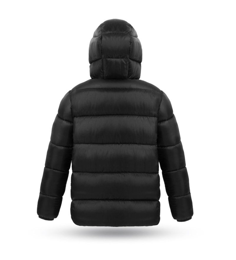 Kid's unisex winter down jacket black colour, with hood, wide quilting