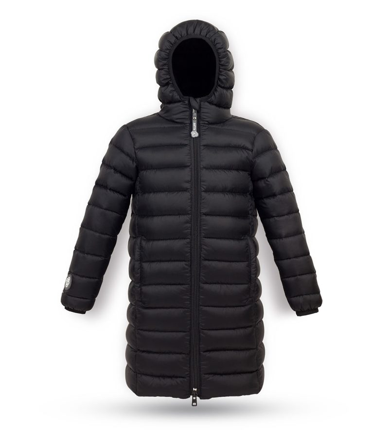 Kid's unisex winter down coat Black with hood, front photo, basic version