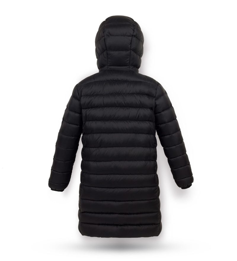 Kid's unisex winter down coat Black with hood, back photo, basic version