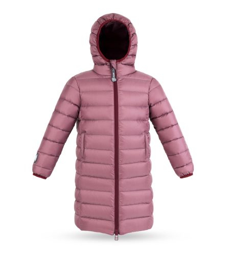 Kid's unisex winter down coat Plum with Milk with hood, front photo, basic version