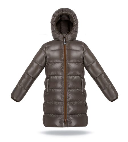 Kid's unisex winter down coat Marron Glace with hood, front photo, big puffer