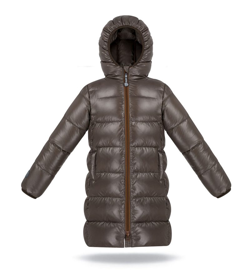 Kid's unisex winter down coat Marron Glace with hood, front photo, big puffer