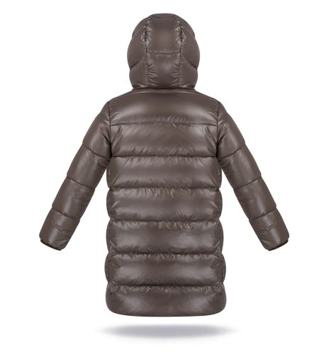 Kid's unisex winter down coat Marron Glace with hood, back photo, big puffer