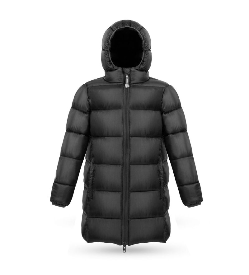 Kid's unisex winter down coat Black Coffee with hood, front photo, big puffer