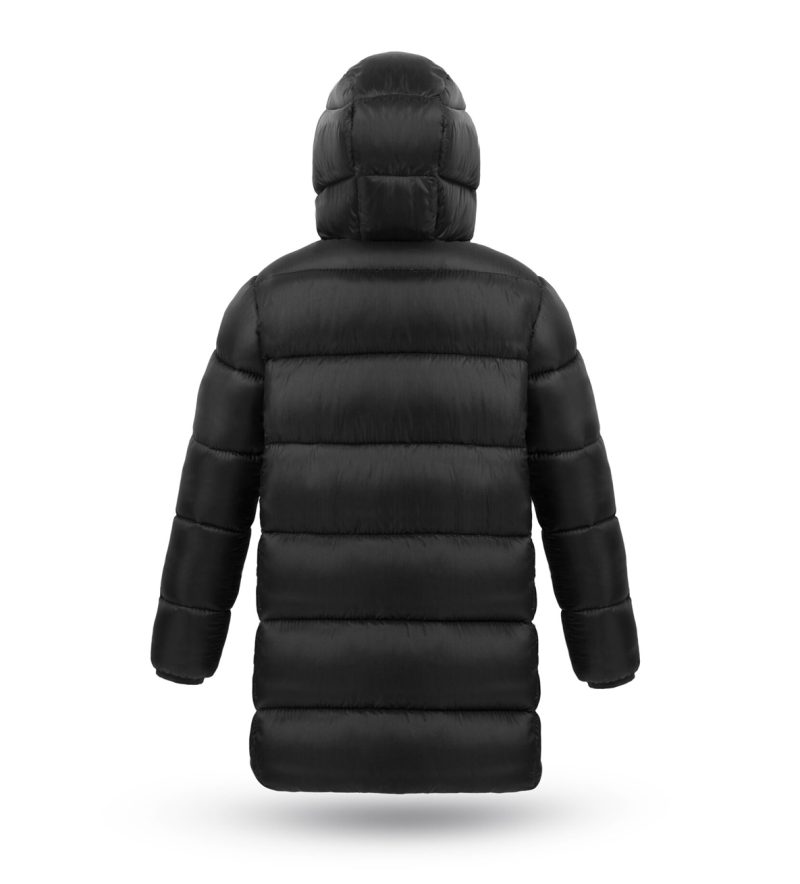 Kid's unisex winter down coat Black Coffee with hood, back photo, big puffer