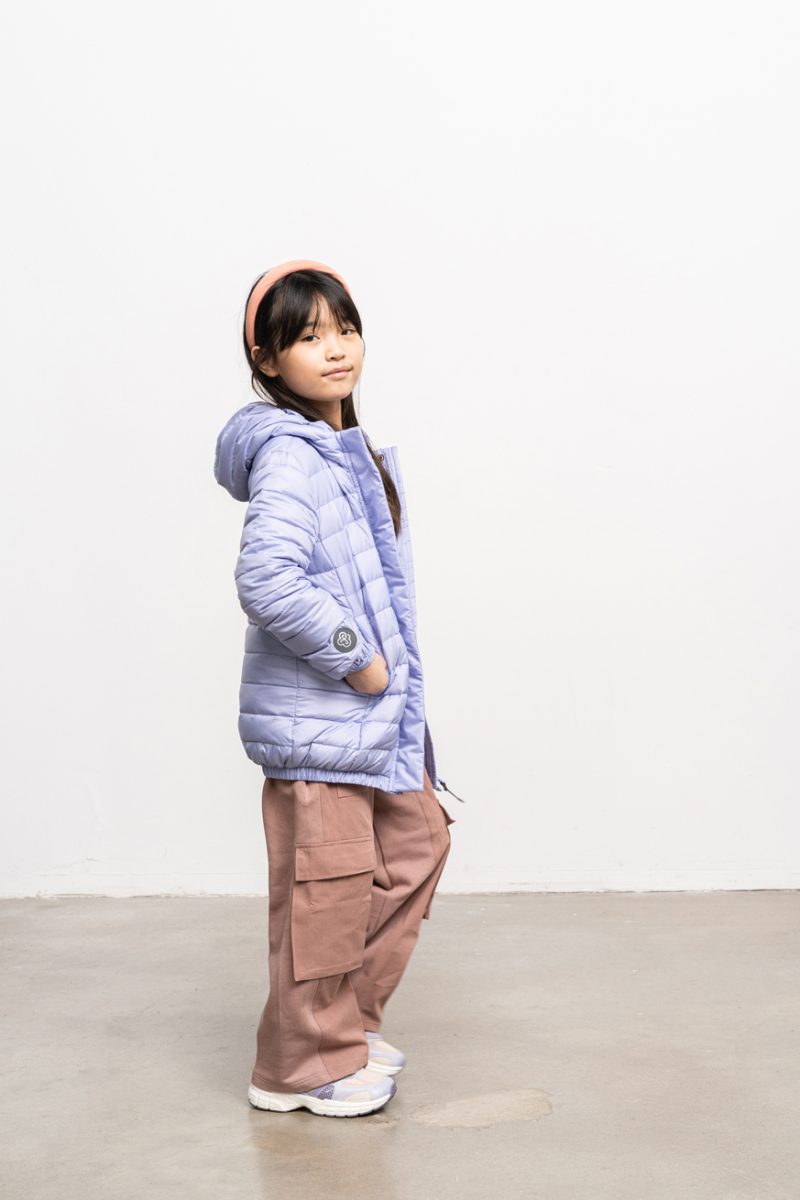 Light down jacket for kids, with hood and zipper, two pockets, lilac