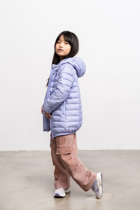 Light down jacket for kids, with hood and zipper, two pockets, lilac