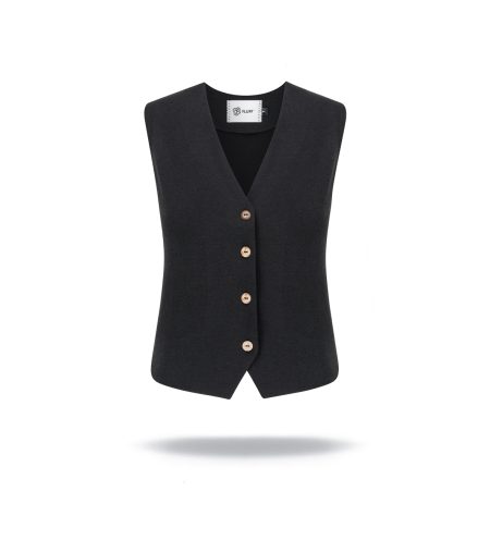 Bamboo sleeveless vest with v-neck and wooden buttons. Fitted cut, black colour.